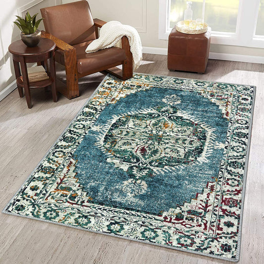 Persian Oriental Area Rug 3X5 Ft Vintage Throw Rugs Machine Washable Rectangle Boho Trible Accent Rug Non-Slip Backing Distressed Floor Carpet for Indoor Living Room Sofa Bedroom-Blue
