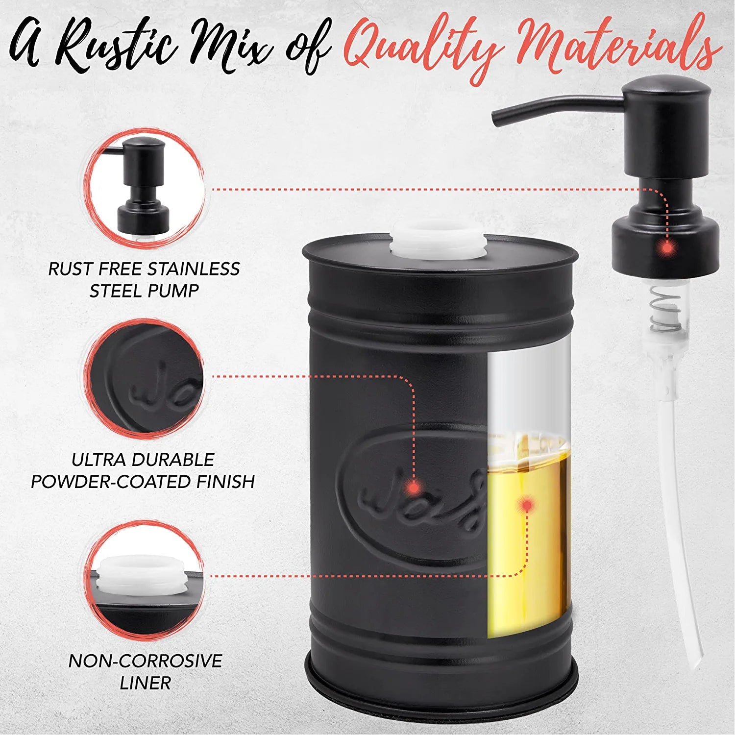 Autumn Alley Rustic Farmhouse Black Bathroom Accessories Set (4 PCS) - Lotion Soap Dispenser, Toothbrush Holder, 2 Apothecary Jars (Qtip Holder) - Rustic Farmhouse Bathroom Decor