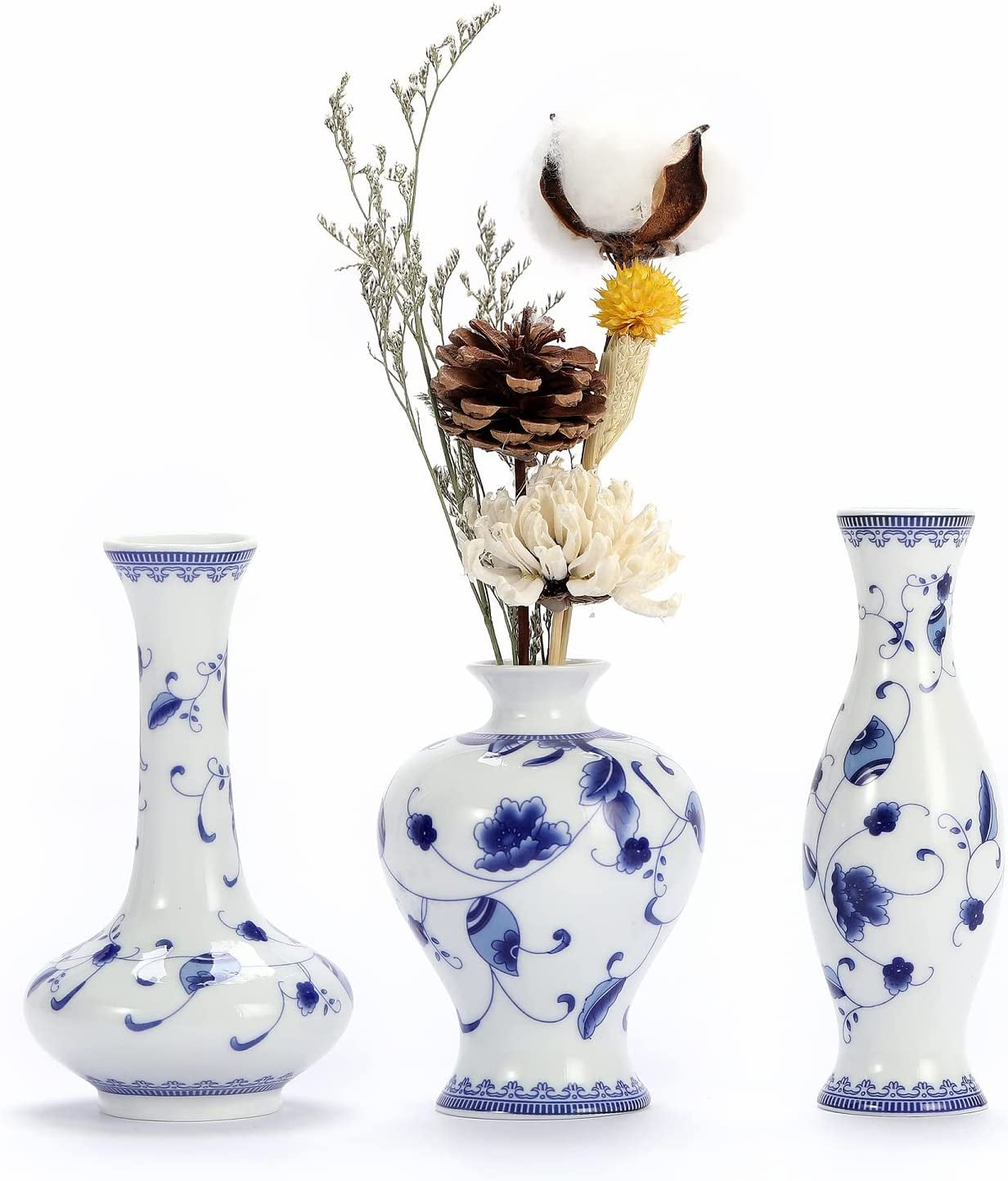 Blue and White Small Bud Vase Set, 3 Petite Classic Oriental Bottle Vases for Window Sill, Mini Art Fambe Glaze Floral Porcelain Vase Idea Shelf Décor and Coffee Table Décor