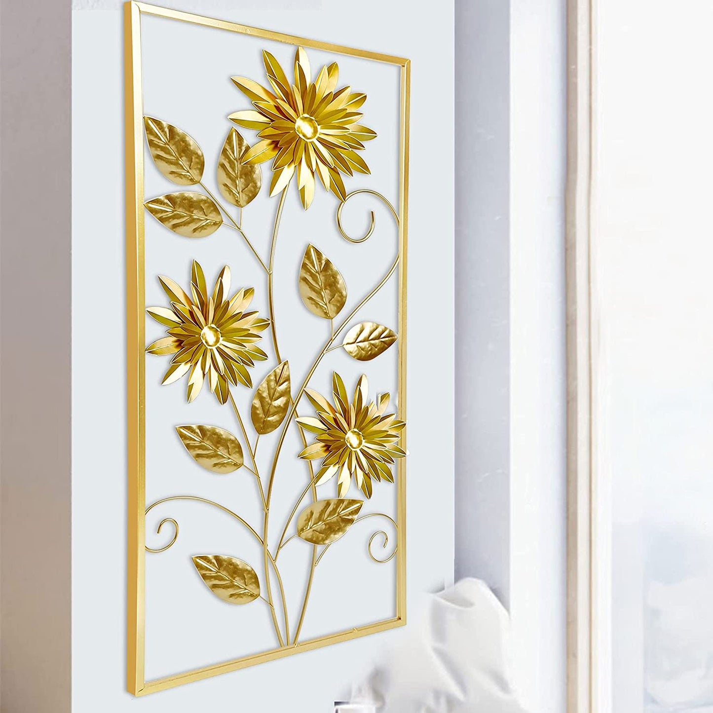 Gold Wall Sculptures, 39 Inch Golden Rectangular Metal Wall Decor with Frame, Gold Metal Flower Wall Art Sculpture for Living Room, Bedroom, Office, Study, Large (Golden-1 Pack)