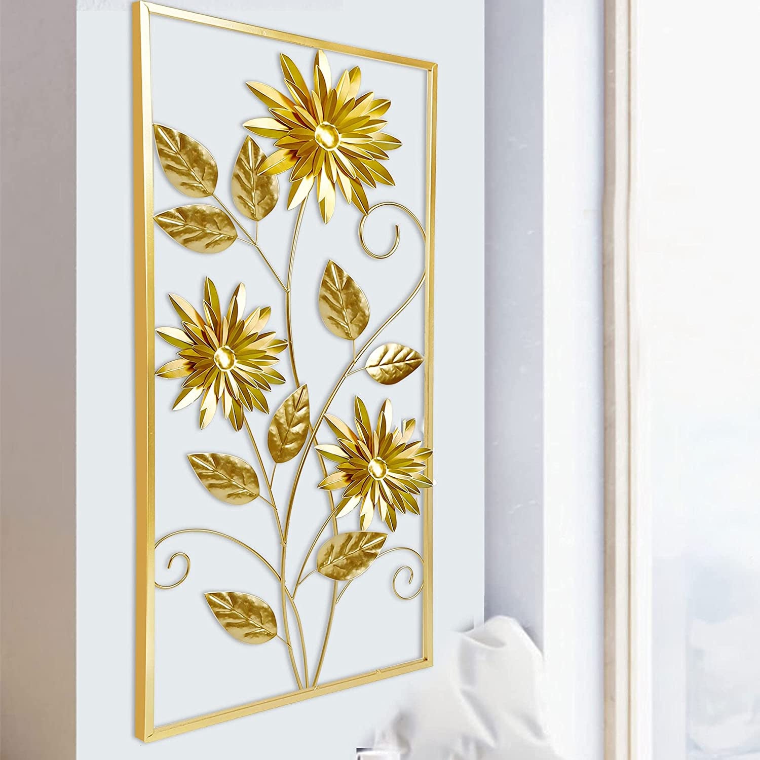 Gold Wall Sculptures, 39 Inch Golden Rectangular Metal Wall Decor with Frame, Gold Metal Flower Wall Art Sculpture for Living Room, Bedroom, Office, Study, Large (Golden-1 Pack)
