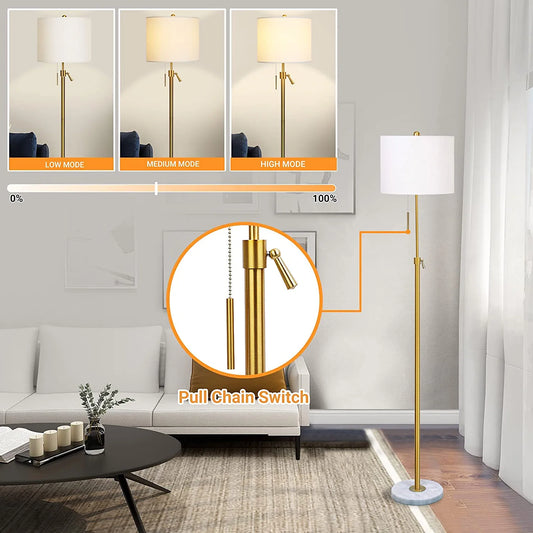 Modern Floor Lamp for Living Room, Adjustable Height Standing Lamp with Marble Base,3-Way Dimmable Gold Brass Tall Pole Light with White Linen Shade for Reading,Bedroom,Pull Chain Switch,Bulb Included