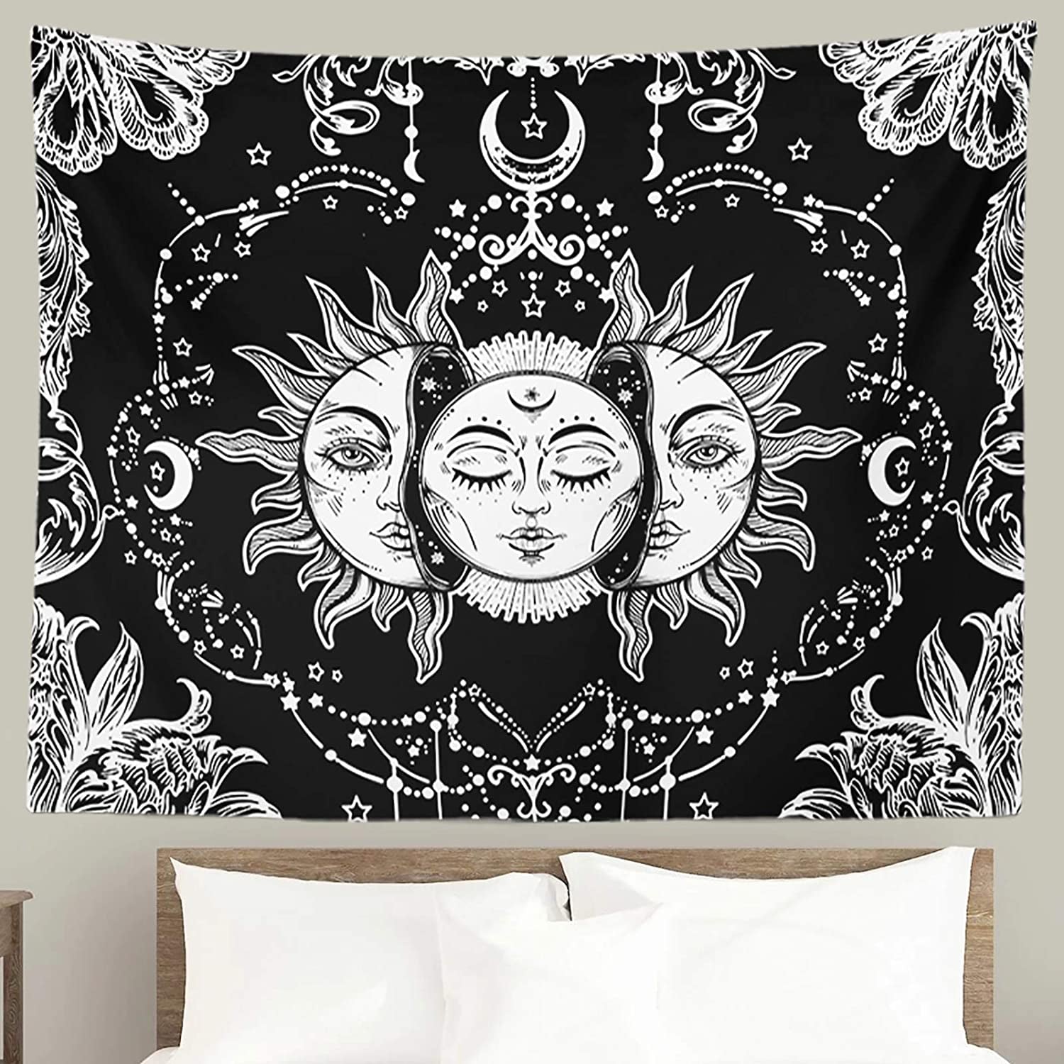 Sun and Moon Tapestry, Black and White Tapestries Mystic Burning Sun with Star Wall Hanging Decor for Bedroom (59" W X 51" L)