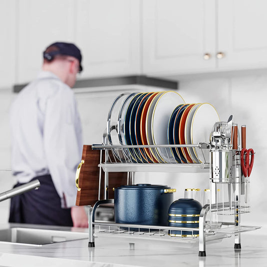 Dish Drying Rack, 304 Stainless Steel 2-Tier Dish Rack with Utensil Holder, Cutting Board Holder and Dish Drainer for Kitchen Counter
