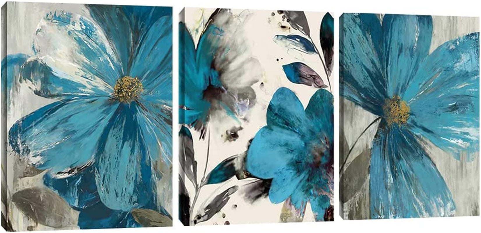 Flowers Poster Prints Wall Art Retro Abstract Floral Canvas Picture Wall Decor Painting Modern Artwork Wall Decoration for Bedroom Living Room Framed 12 X 16 X 3 Pieces, 12 X 16 Inch, Blue