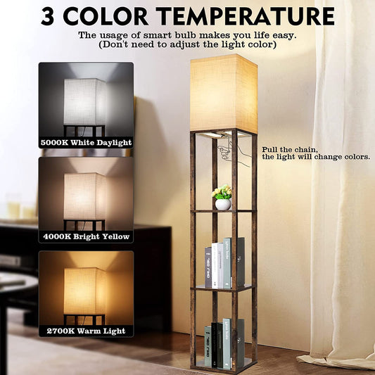 Floor Lamp with Shelves, Modern Shelf Floor Lamp for Display Storage, 3 Color Temperature Wood Narrow Standing Corner Lamp with 8W Bulb for Living Room, Bedroom, Office(Brown)
