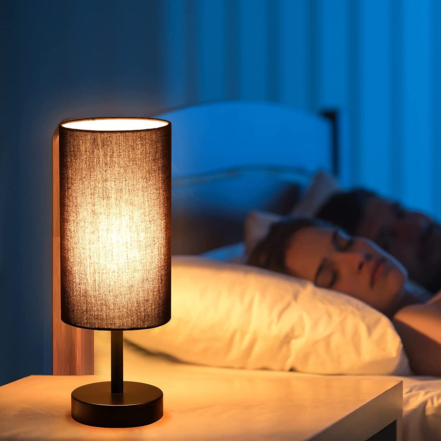 Bedside Lamp with USB Port - Touch Control Table Lamp for Bedroom 3 Way Dimmable Nightstand Lamp with round Black Fabric Shade for Living Room, Dorm, Home Office (LED Bulb Included)