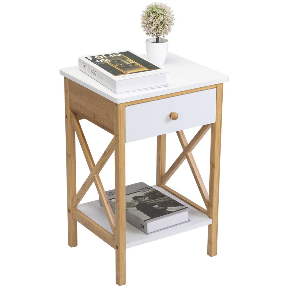 Nightstand with Drawer, End Table with Storage Shelf, Modern Side Sofa Table, Accent Bedside Table with X-Shape Frame for Living Room/Bedroom, White & Natural