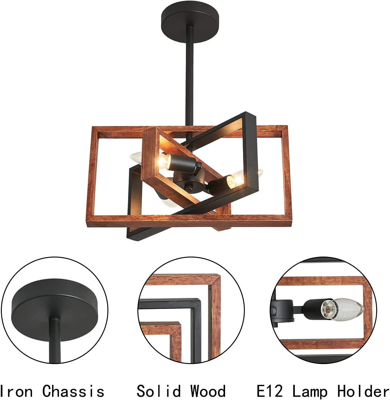 3 Light Rotatable Ceiling Lights Industrial Farmhouse Semi Flush Mount Ceiling Light Fixture with Adjustable Framework Black Metal and Wood for Hallway Living Room Bedroom Kitchen Entryway
