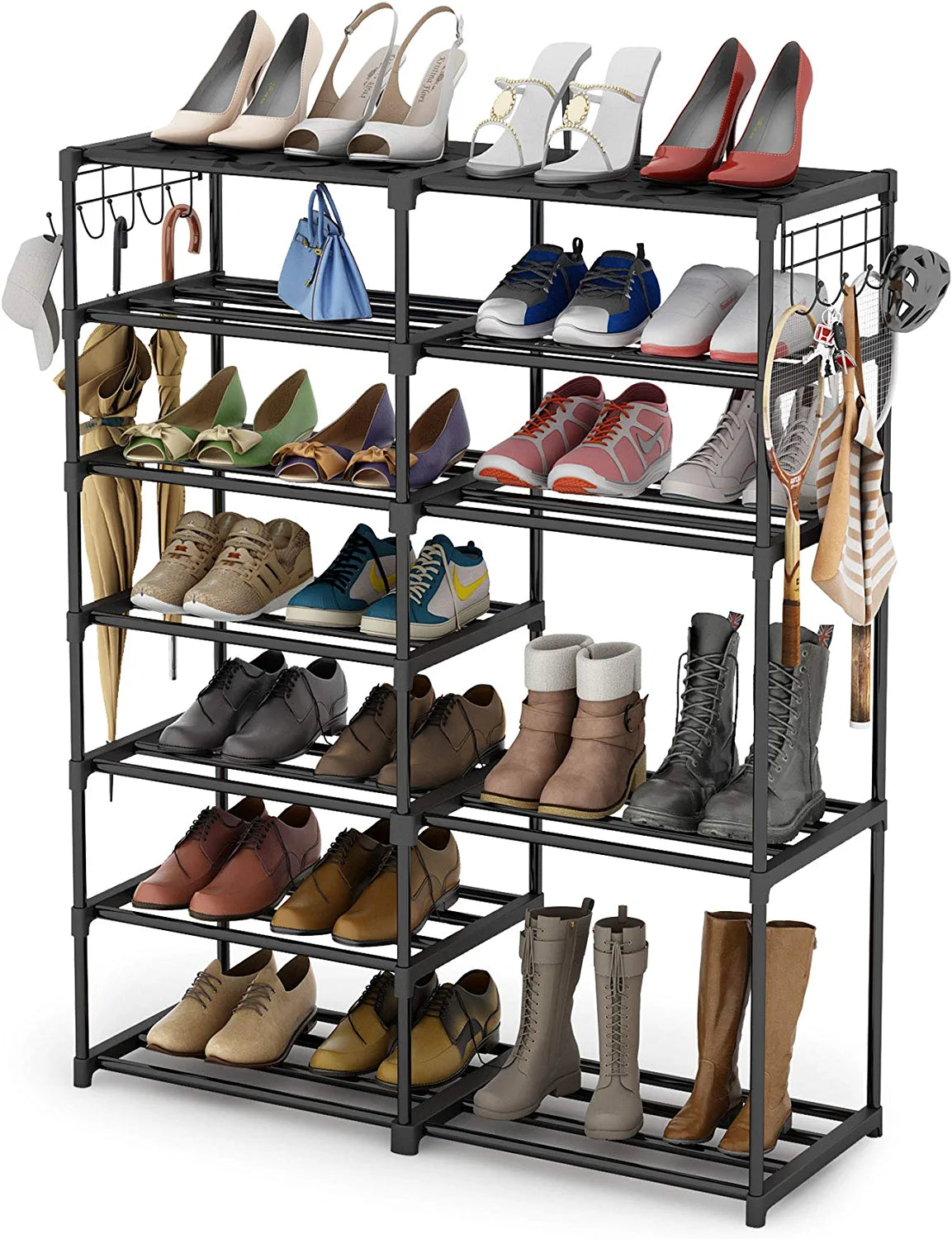 Shoe Rack Shoe Shelf Shoe Storage Organizer with Side Hooks for Entryway, 24-30 Pairs Metal Shoe Rack Taller Shoes Boots Organizer