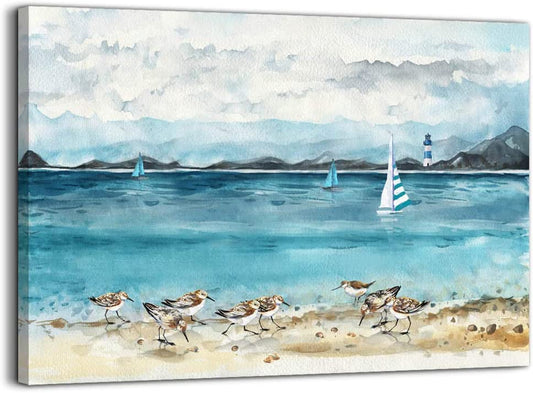 Bathroom Decor Beach Wall Art Ocean Lighthouse Seabird Paintings Artwork for Walls Beach Theme Decor Picture Prints Modern Wall Decor Framed Wall Decorations for Bedroom Bathroom Kitchen Home Decor
