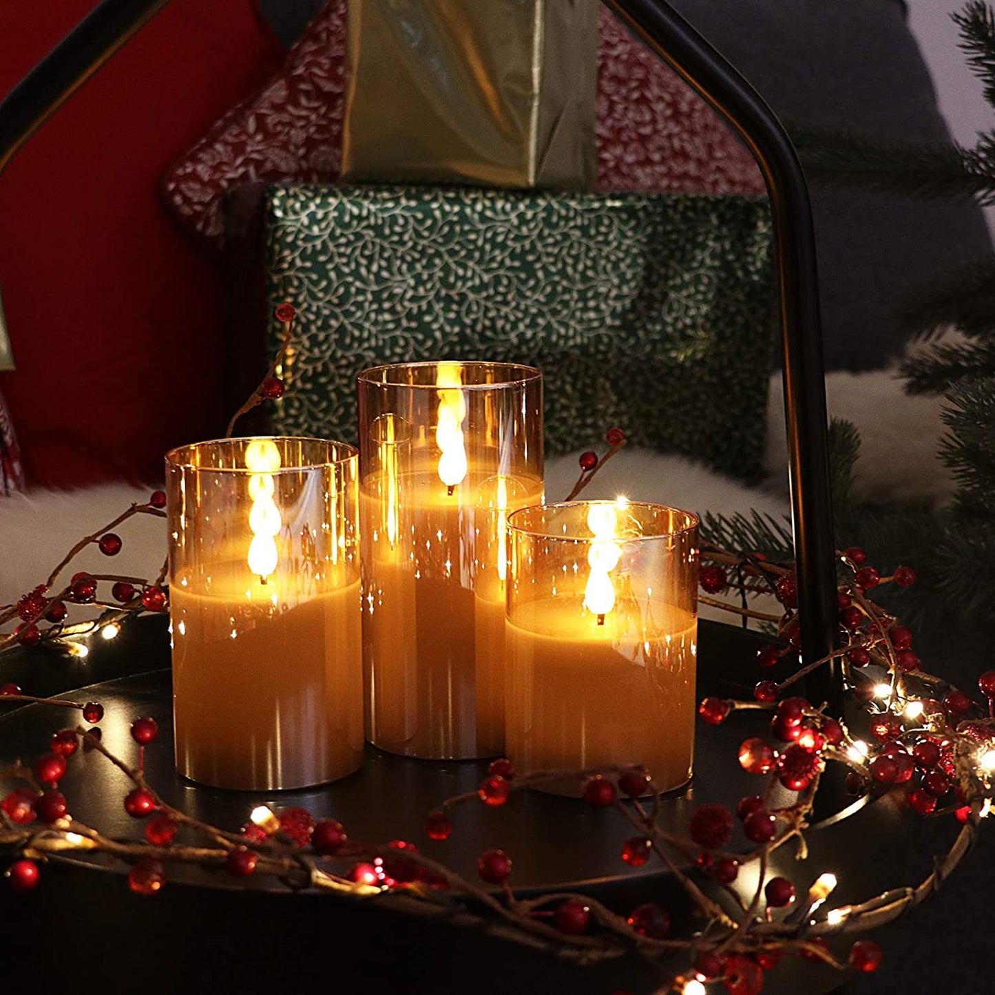 Gold Glass Battery Operated Candles with Remote, Flameless LED Candle Gift Set, Warm White Light, Batteries Included - Set of 3