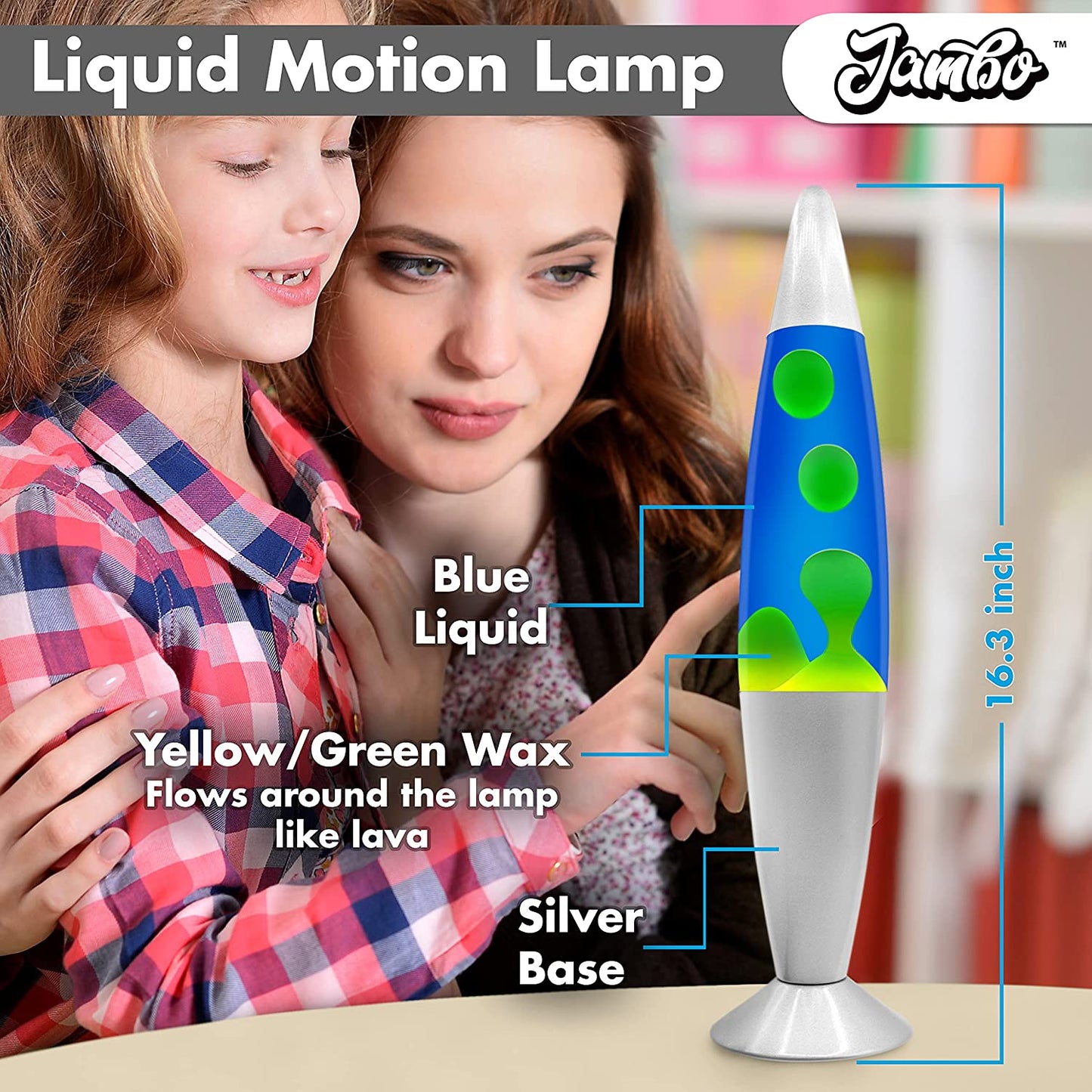 16-Inch Beautiful Lamp with Wax That Flows like Lava (Blue with Yellow/Green Wax, 16 Inch), Relaxing Night Light Nighlight Home Decor Living Room Office Bedroom Lamp for Adults, Teens, and Kids