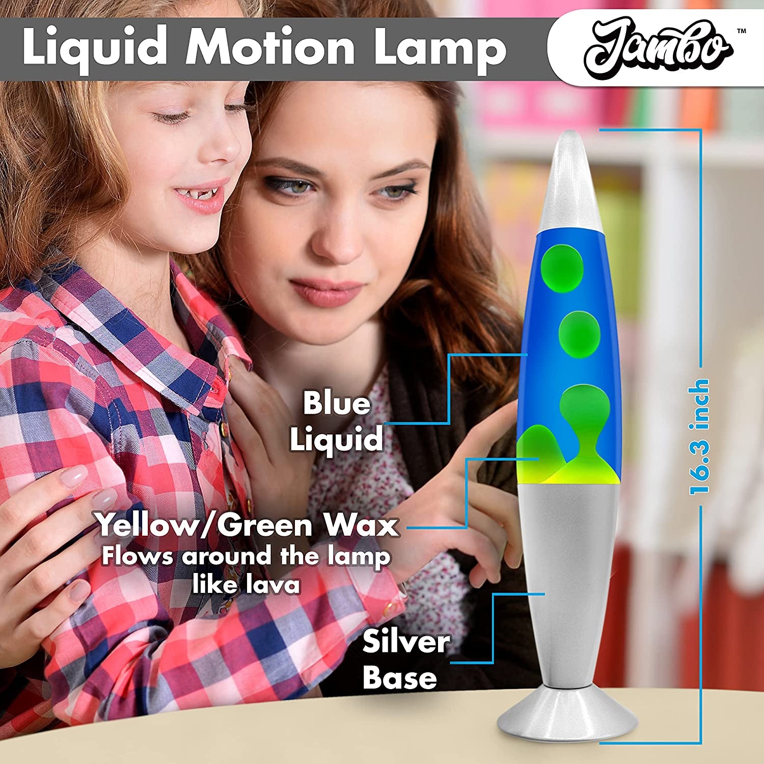 16-Inch Beautiful Lamp with Wax That Flows like Lava (Blue with Yellow/Green Wax, 16 Inch), Relaxing Night Light Nighlight Home Decor Living Room Office Bedroom Lamp for Adults, Teens, and Kids