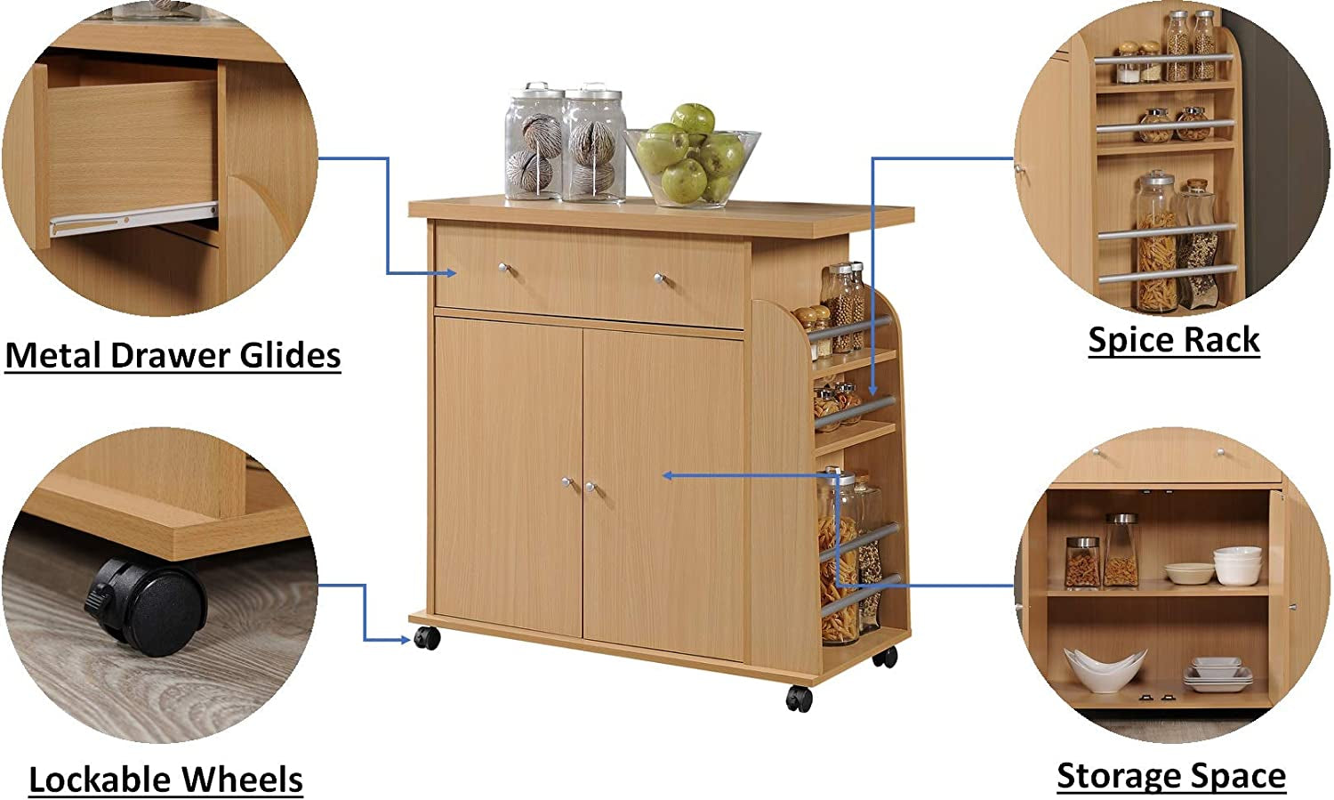 Import Kitchen Island with Spice Rack and Towel Rack, Beech