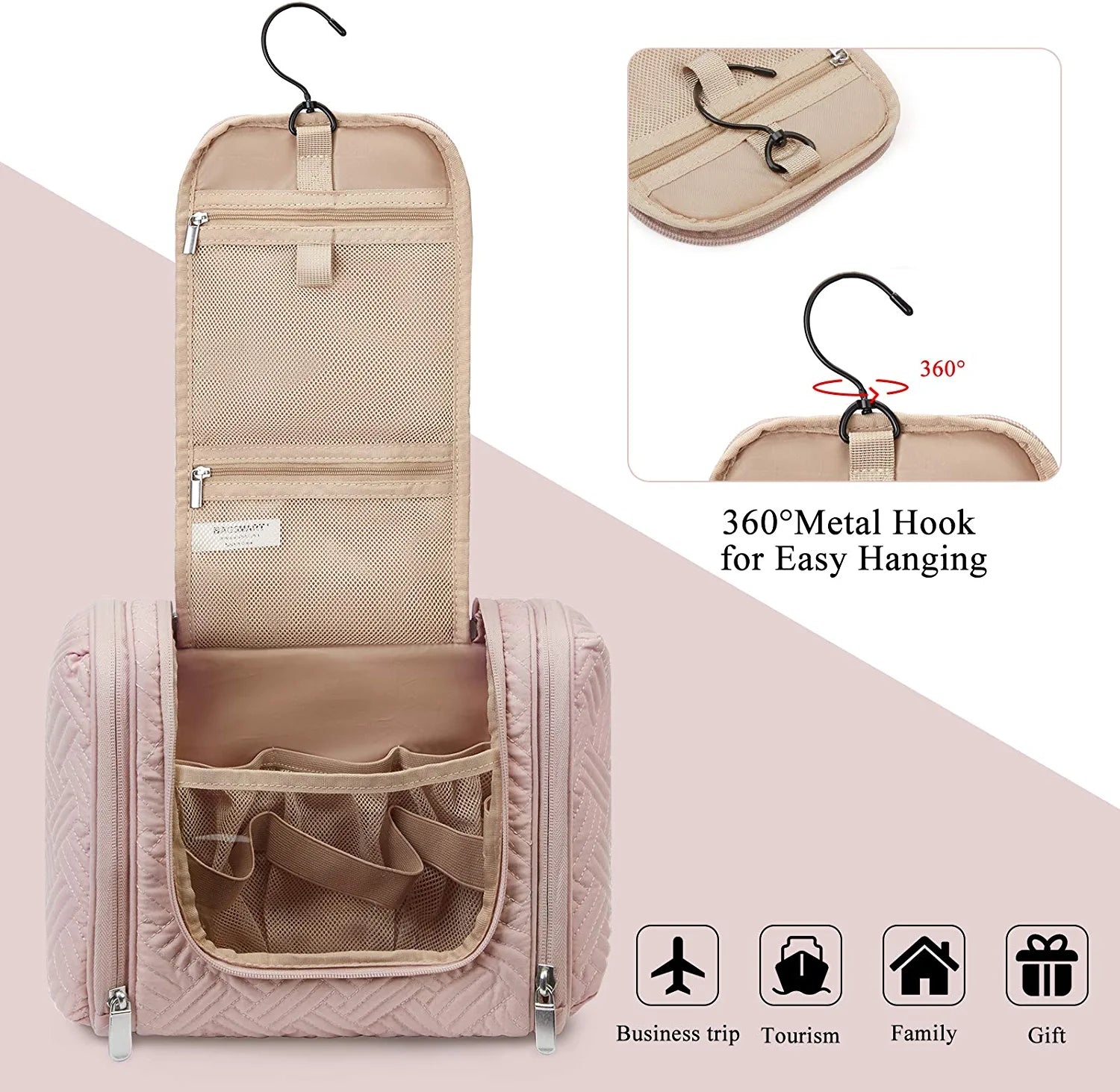 Toiletry Bag, Travel Toiletry Organizer with Hanging Hook, Water-Resistant Cosmetic Makeup Bag Travel Organizer for Shampoo, Full Sized Container, Toiletries, Pink