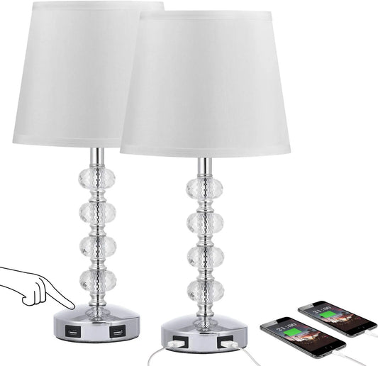 3-Way Dimmable USB Crystal Table Lamp,  17 Inch Touch Crystal Lamp Set of 2 , Exquisite Decorative Bedside Lamps Set of 2 for Bedroom, Living Room, Nightstand (Warm White Light Bulb Included)