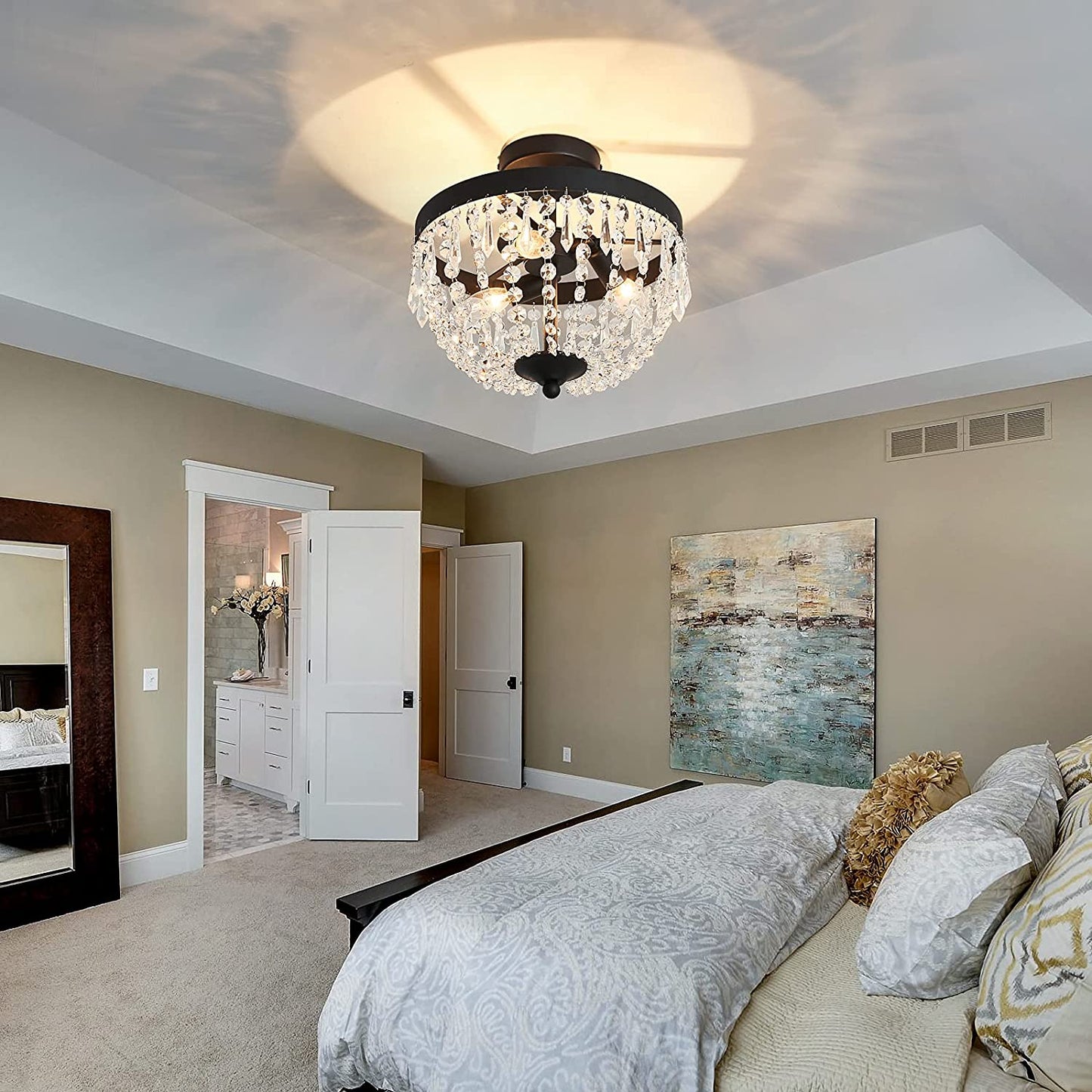 3-Light Semi Flush Mount Ceiling Light，Black Antique Modern Crystal Chandelier Fixture，Ceiling Lighting for Closet Bedroom Hallway Kitchen Dining Room Bathroom