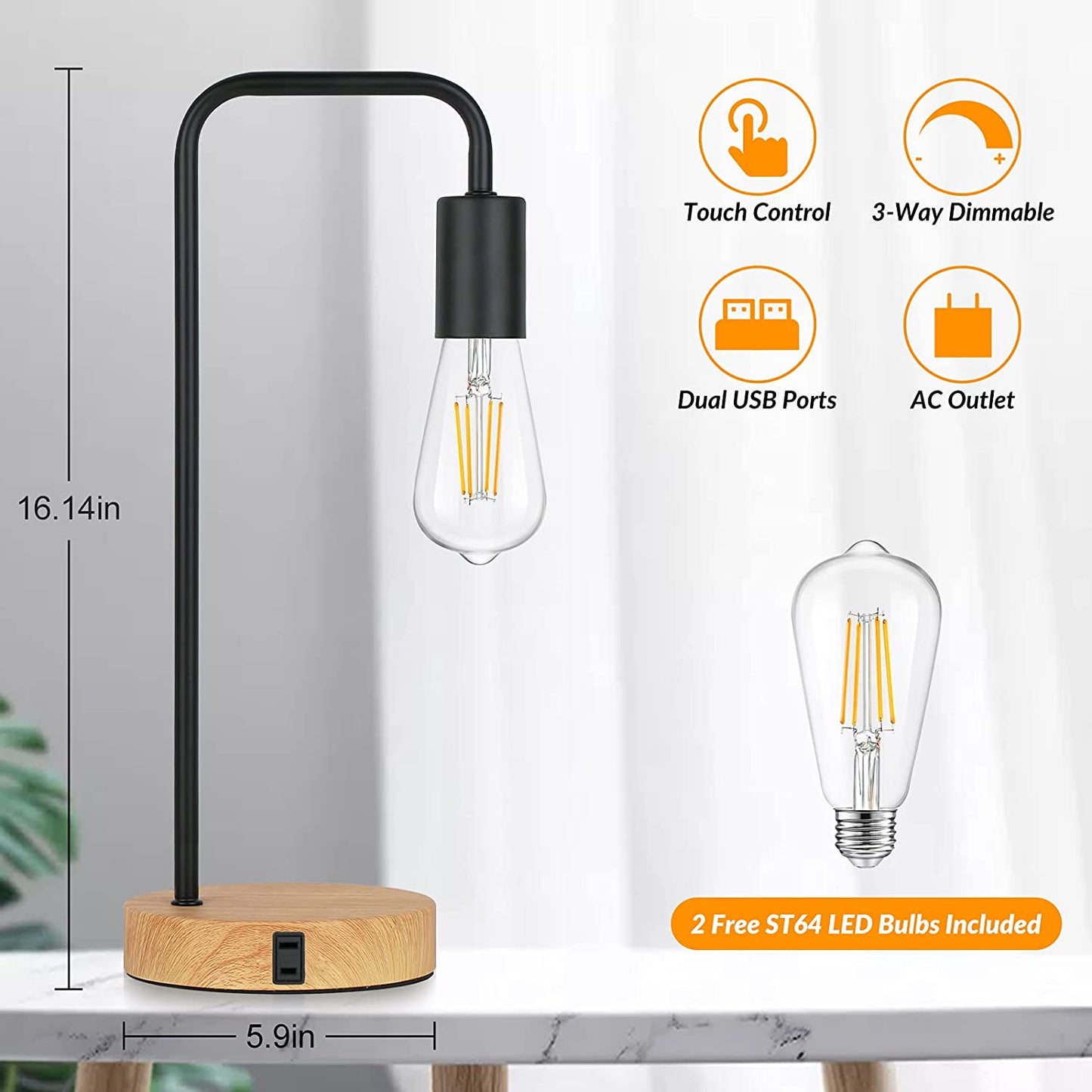 Set of 2 Touch Control 3-Way Dimmable Industrial Table Lamp with 2 USB Charging Ports & AC Outlet Metal Bedside Nightstand Desk Lamp for Bedroom Living Room, Vintage ST64 E26 Edison LED Bulbs Included
