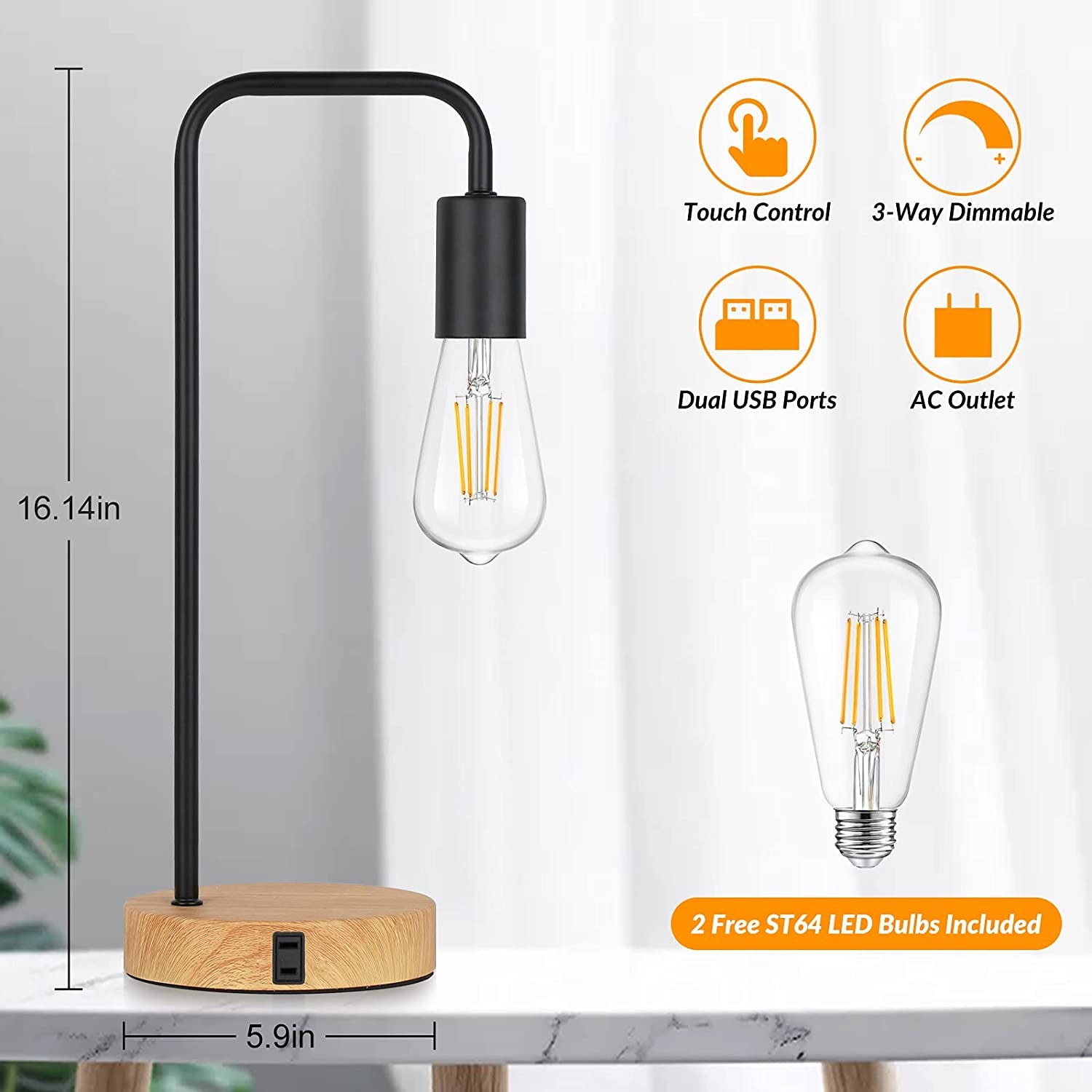 Set of 2 Touch Control 3-Way Dimmable Industrial Table Lamp with 2 USB Charging Ports & AC Outlet Metal Bedside Nightstand Desk Lamp for Bedroom Living Room, Vintage ST64 E26 Edison LED Bulbs Included