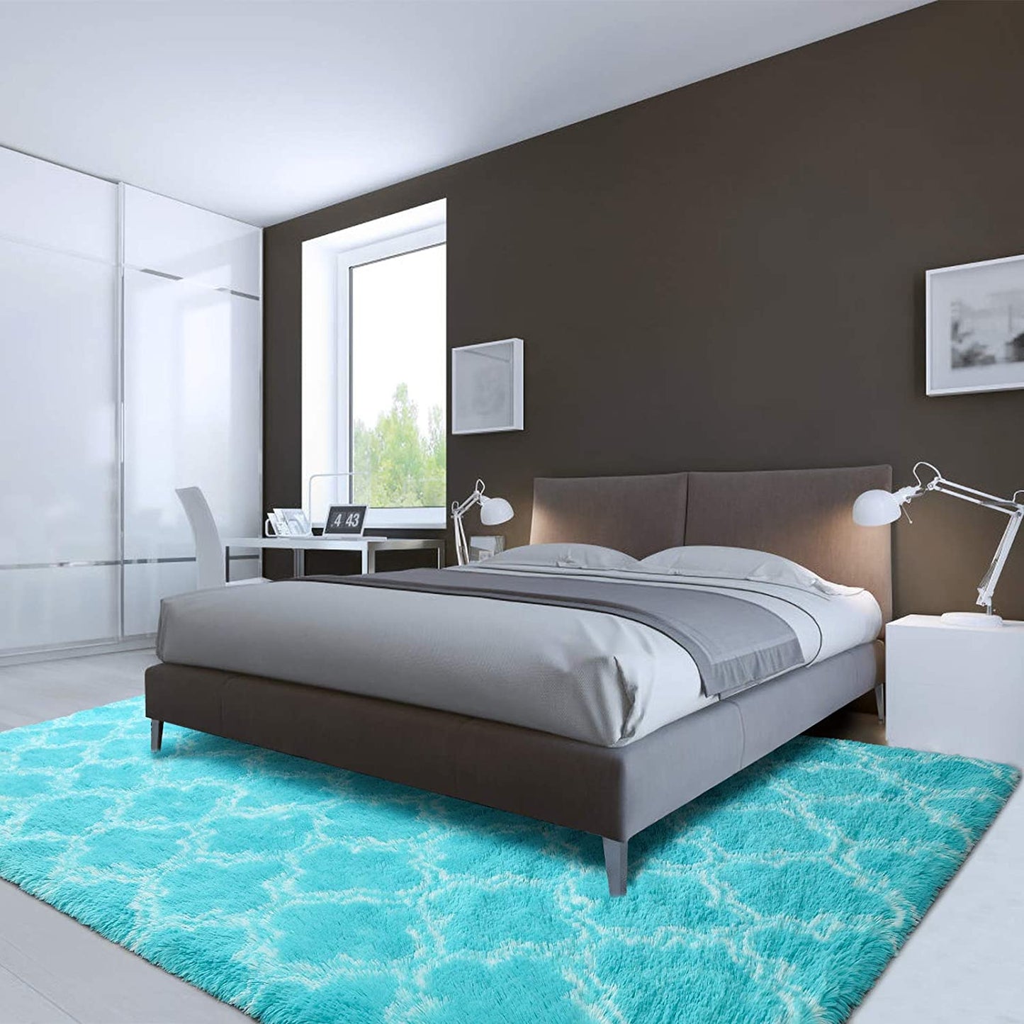 Luxury Shag Area Rug Modern Indoor Plush Fluffy Rugs, Extra Soft and Comfy Carpet, Geometric Moroccan Rugs for Bedroom Living Room Girls Kids Nursery, 5X8 Feet Blue/White