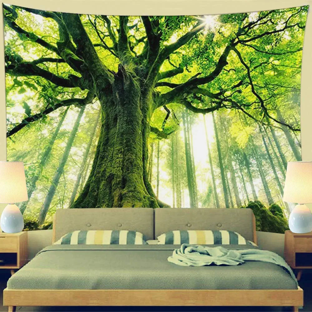 Nature Forest Thick Tree Wall Tapestry Large King Size 3D Print Wall Art Hanging for Bedroom Living Room Dorm Decor, W90 X T71,Green and White