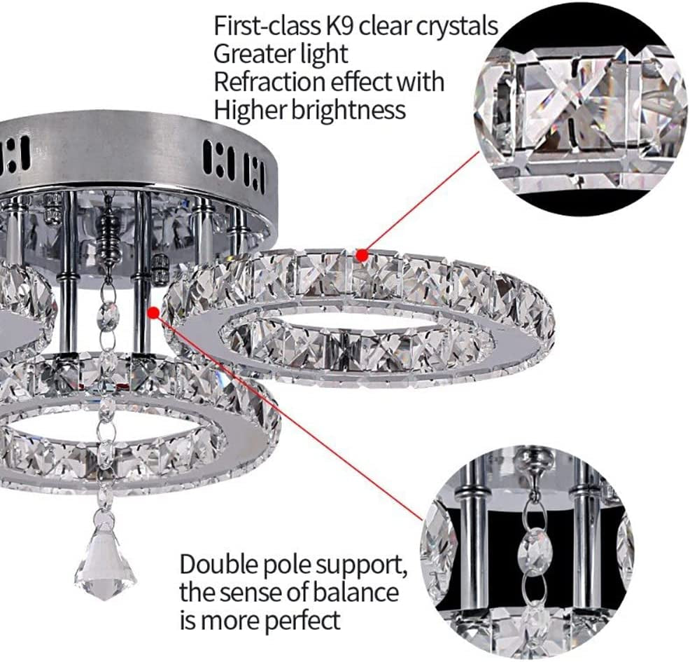 Deckrico Modern Crystal Chandelier Flush Mount Stainless Steel Pendant Ceiling Lamp 3-Rings round LED Light Fixtures for Living Room Bedroom Restaurant Porch Dining Room (Cool White)