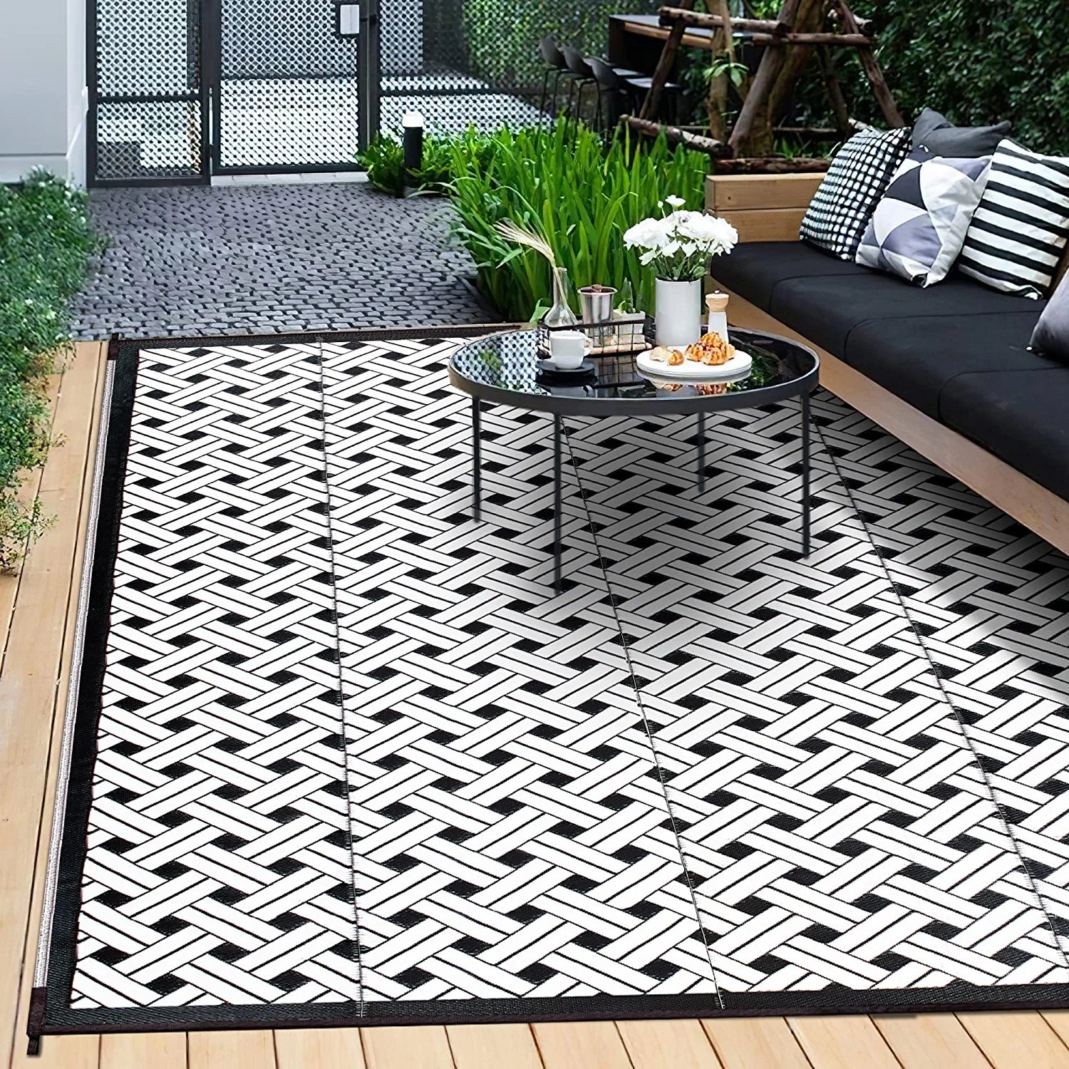 Reversible Outdoor Rug for Patio Clearance,6'X9' Waterproof Plastic Mat,Patio,Camping,Rv,Deck,Camper,Porch,Balcony,Black & White…