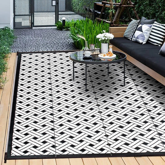 Reversible Outdoor Rug for Patio Clearance,6'X9' Waterproof Plastic Mat,Patio,Camping,Rv,Deck,Camper,Porch,Balcony,Black & White…