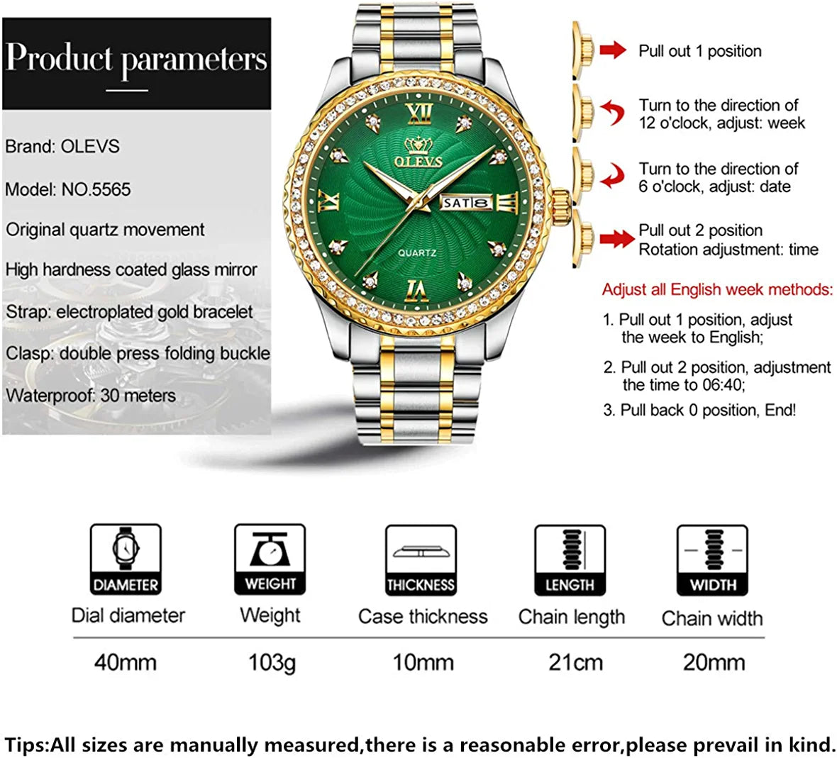 OLEVS Luxury Diamond Watches for Men Waterproof Mens Fine Business Casual Watch Calendar Week Analog Quartz Watch for Christmas