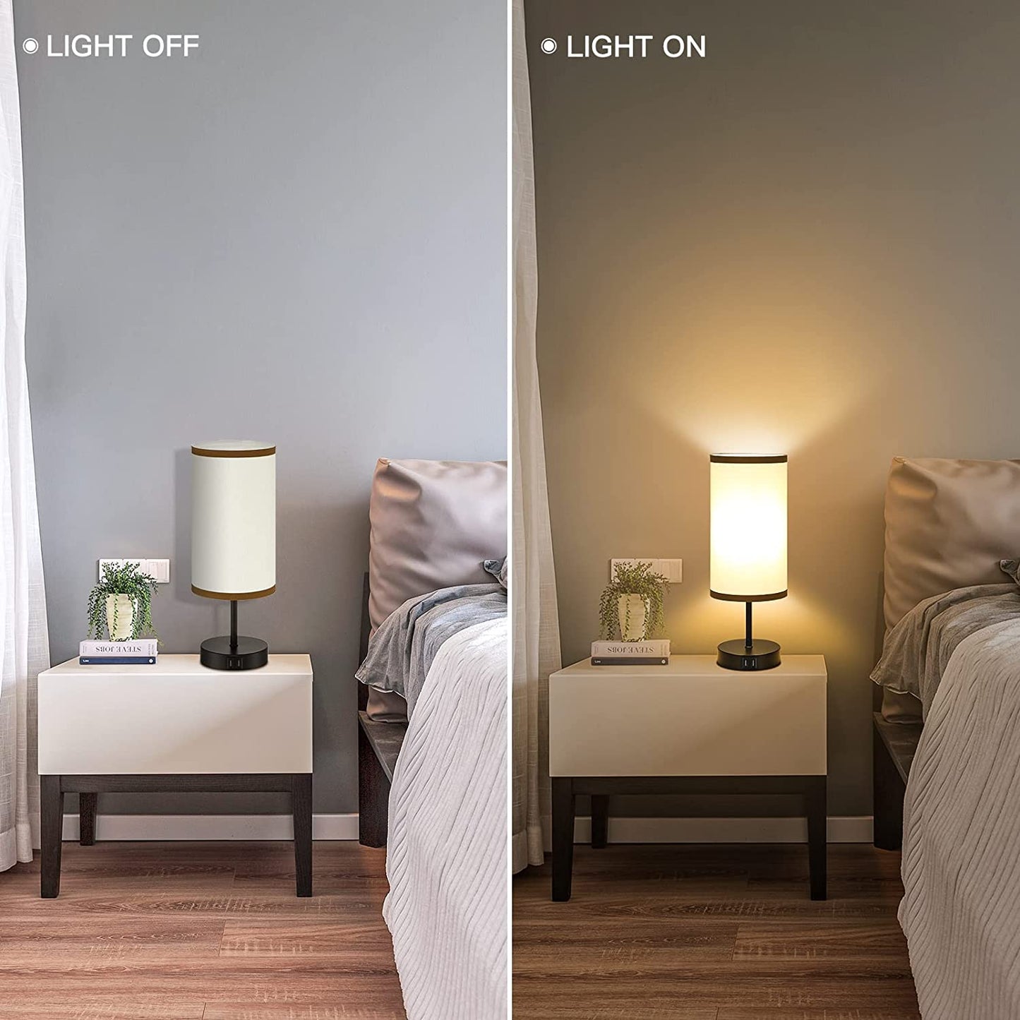 Bedside Lamp with 2 USB Ports,  3-Way Dimmable Touch Control Table Lamp for Bedroom, Nightstand Lamp with round White Fabric Shade for Living Room Home Office (E26 LED Bulb Included)