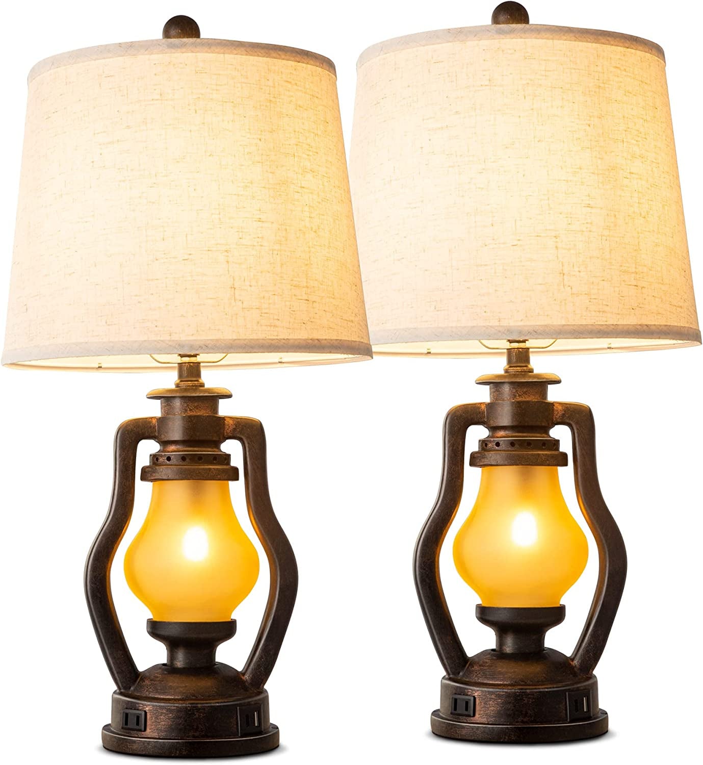 Farmhouse Table Lamps Set of 2 with Nightlight, Lantern Bedside Lamp with 2 USB Port and Outlet, 24 Inch Rustic Nightstand Lamp with Tapered Drum Shade for Living Room Bedroom, Bulbs Included