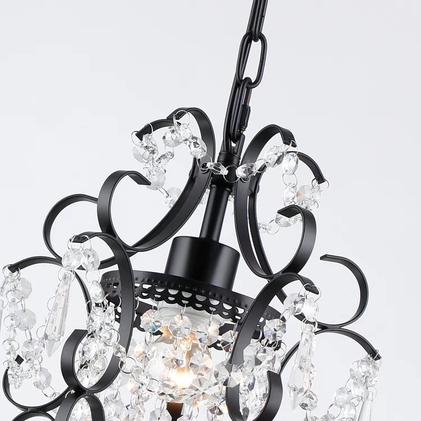 Mini Chandelier Black Crystal Chandelier 1 Light Elegant Chandelier Crystal Iron Ceiling Light Fixture for Bedroom,Farmhouse,Foyer