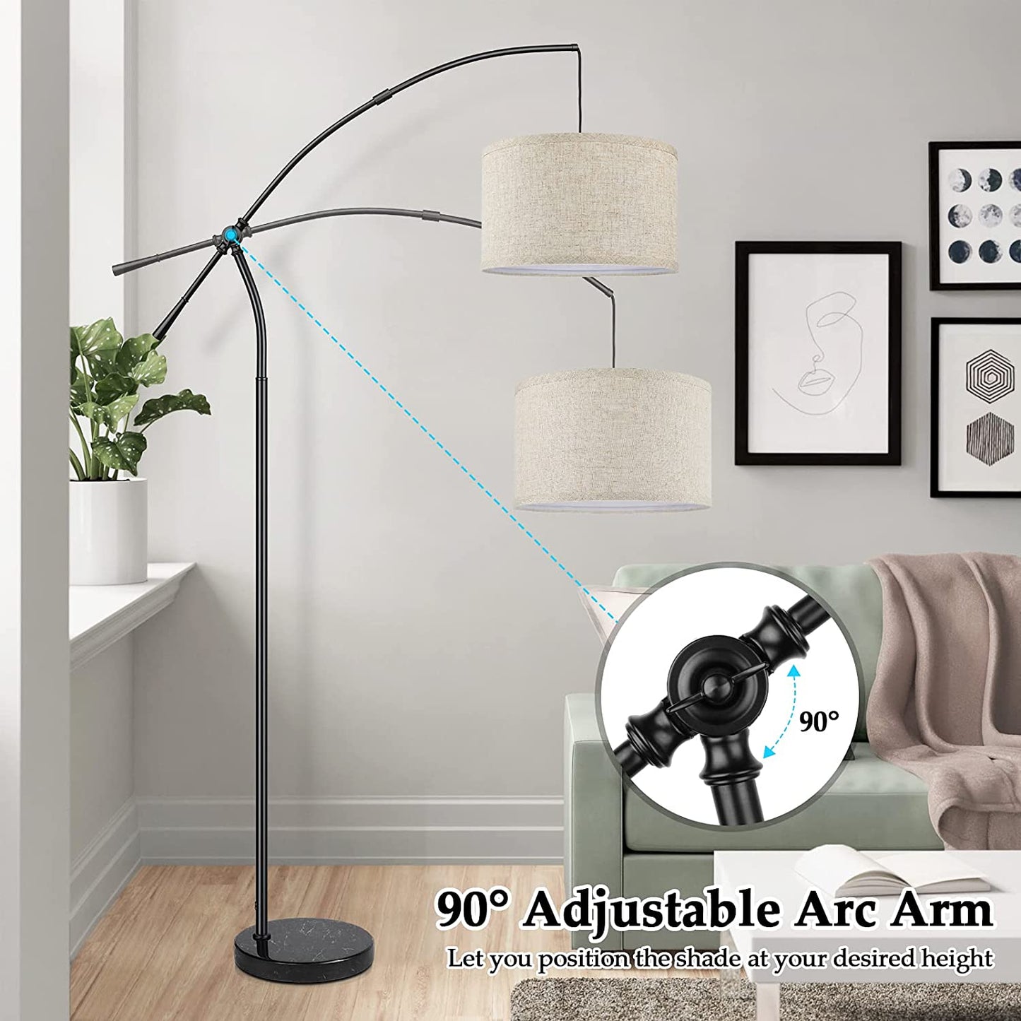 Modern Floor Lamp for Living Room Contemporary Arc Lamp behind the Couch Tall Standing Reading Lamp with Hanging Shade & Foot Switch Adjustable Arm for Bedroom Office Industrial Style Lighting Black
