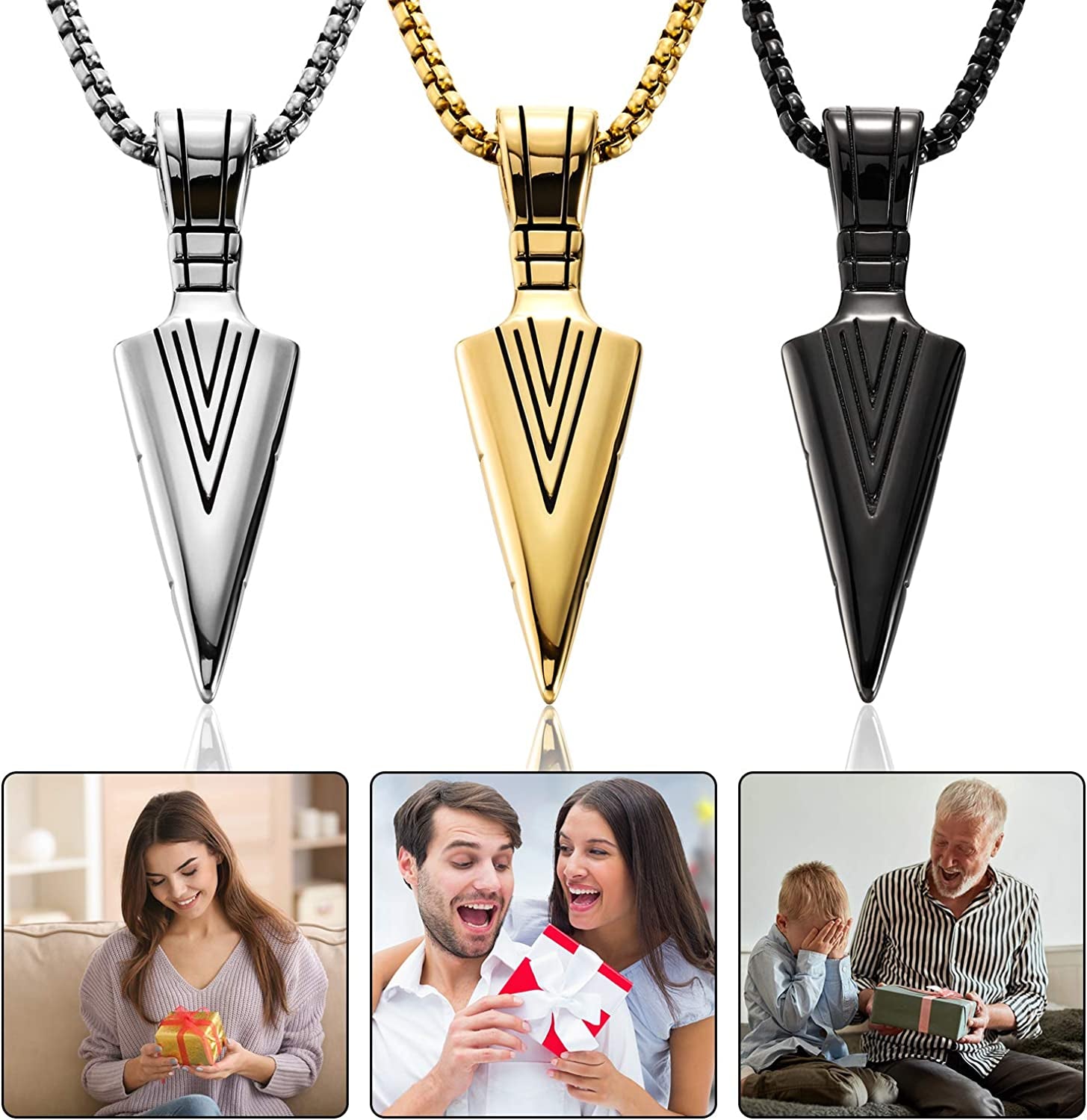 3 Pieces Christmas Stainless Steel Pendant Chain Necklace Spearpoint Necklace