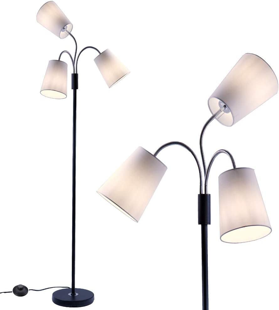 Multi Head Floor Lamp - 3 Light Adjustable Floor Lamp - Standing Lamp with 3 Adjustable White Fabric Drum Shades (Black)