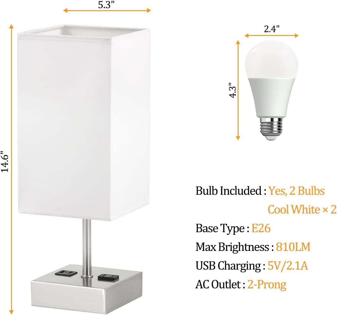 Touch Control Bedside Lamp, USB Table Lamp with 4 Bulbs,3 Way Dimmable Nightstand Lamp with 2 USB Ports & AC Outlet, Touch Desk Lamps for Bedrooms Living Room, Small Table Lamp, White Fabric Shade