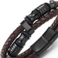 Mens Double-Row Braided Leather Bracelet Bangle Wristband with Stainless Steel Ornaments