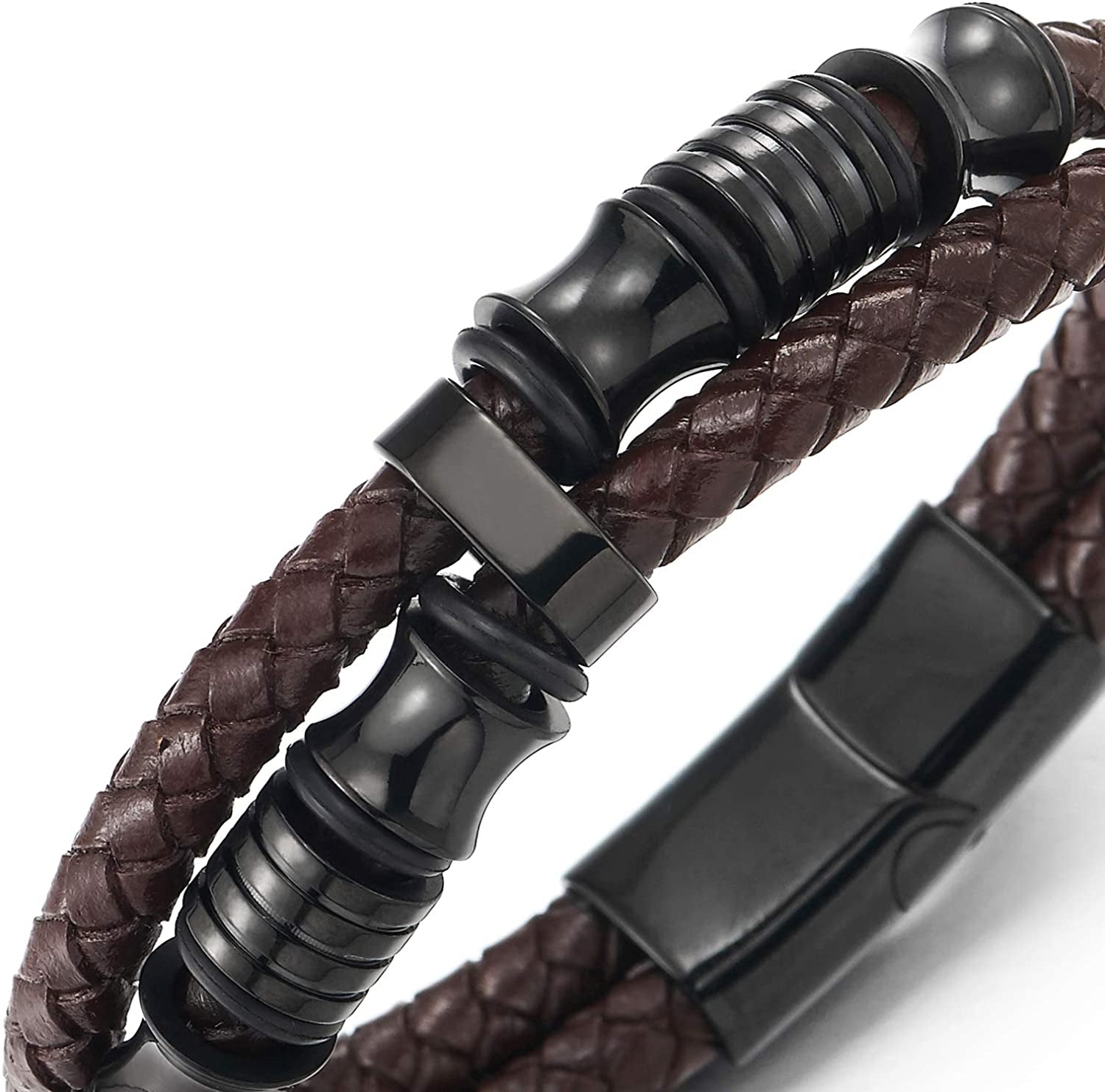 Mens Double-Row Braided Leather Bracelet Bangle Wristband with Stainless Steel Ornaments