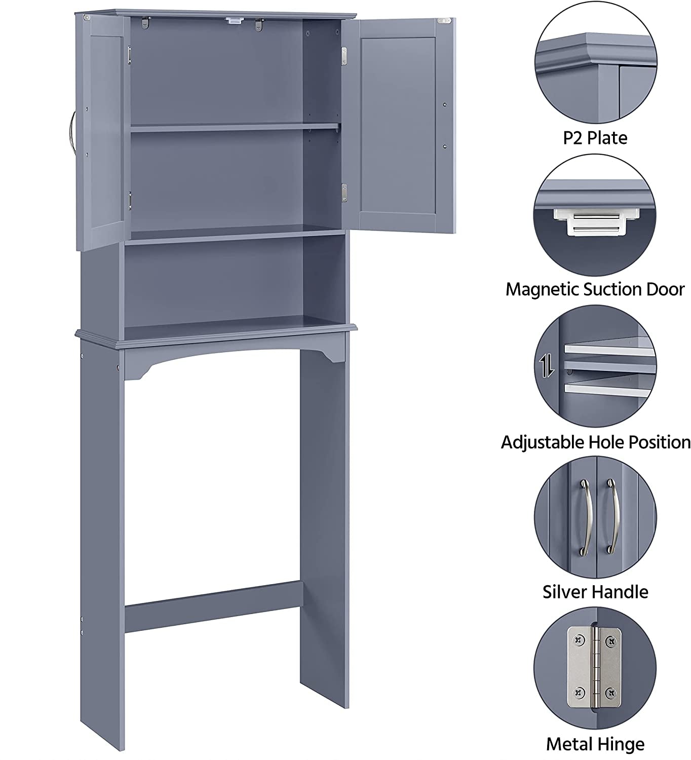 over the Toilet Bathroom Cabinet with 2 Doors & Adjustable Shelf, Free Standing Toilet Rack Space-Saving, L24.5Xw9Xh66 Inches, Grey