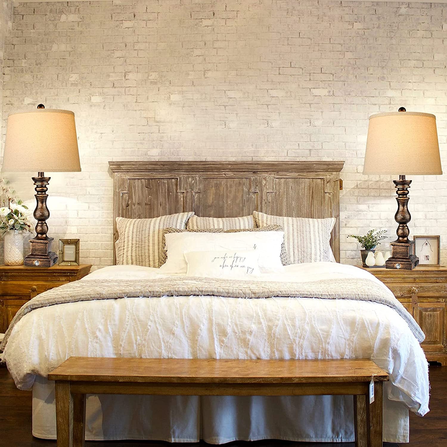 Touch Farmhouse Rustic Table Lamps Set of 2 for Living Room,3-Way Dimmable Resin Retro Bedside Nightstand Lamps Oatmeal Tapered Drum Shade for Bedroom with 2 USB Port and Outlet