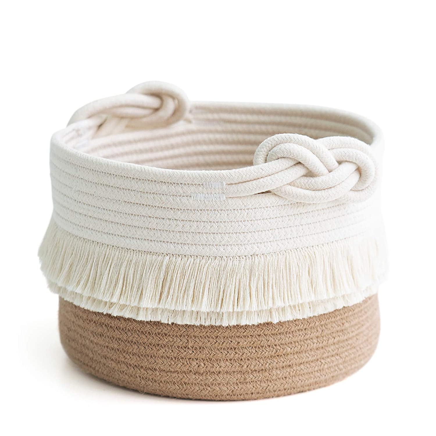 Small Woven Storage Baskets Cotton and Jute Rope Decorative Hamper for Diaper, Blankets, Magazine and Keys, Cute Tassel Nursery Decor - Home Storage Container – 9.5'' X 7''