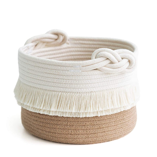 Small Woven Storage Baskets Cotton and Jute Rope Decorative Hamper for Diaper, Blankets, Magazine and Keys, Cute Tassel Nursery Decor - Home Storage Container – 9.5'' X 7''