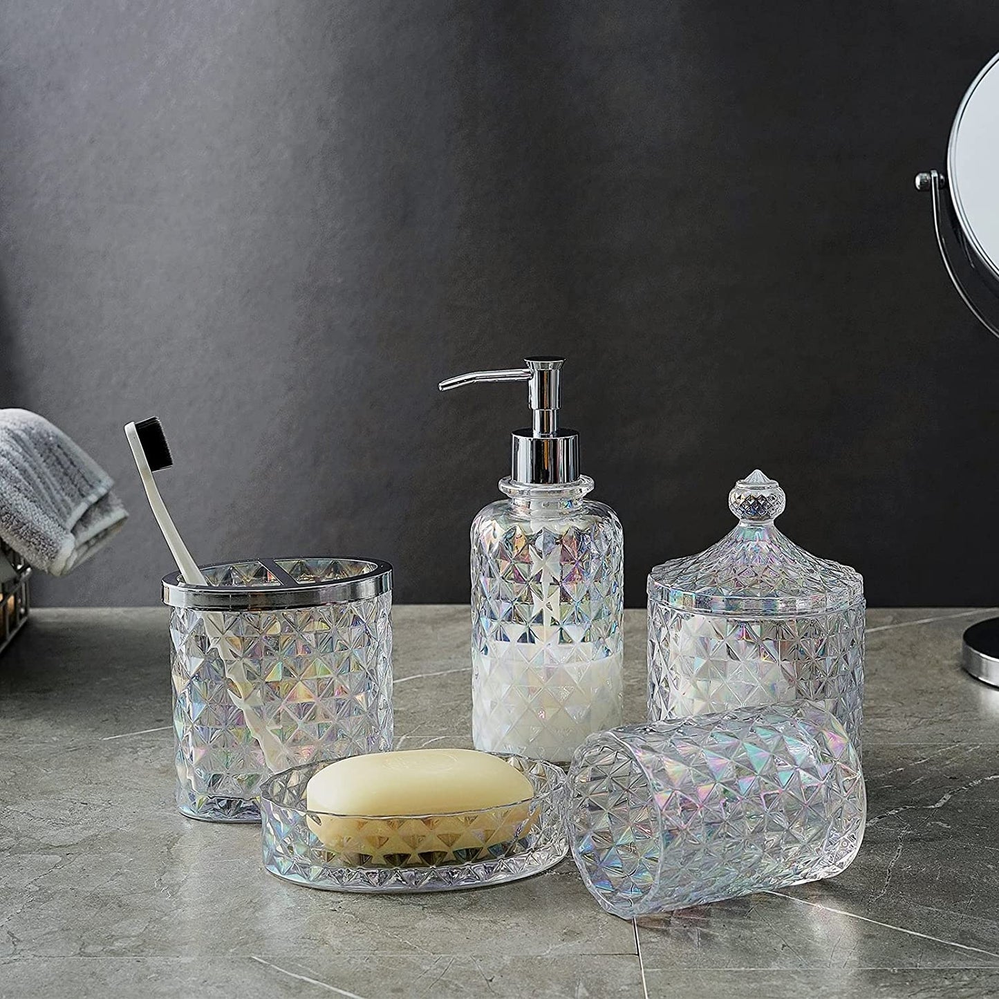 Set of 5 Glass Bathroom Accessories Set Include Soap Dispenser & Tumbler & Soap Dish & Toothbrush Holder & Apothecary Jar(Luxurious Crystal Sparkling Colored)
