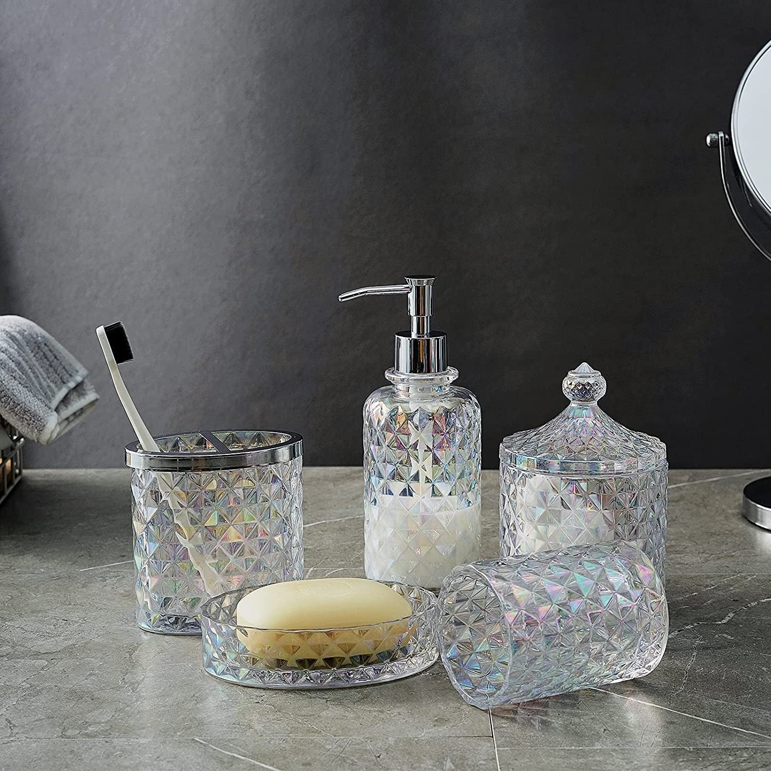 Set of 5 Glass Bathroom Accessories Set Include Soap Dispenser & Tumbler & Soap Dish & Toothbrush Holder & Apothecary Jar(Luxurious Crystal Sparkling Colored)
