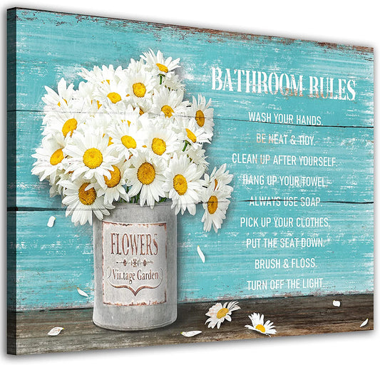 Bathroom Rules Wall Art Decor White Flowers Daisy Canvas Pictures Rustic Teal Blue Wooden Board Painting Vintage Farmhouse Canvas Artwork Prints Framed Canvas Art for Home Decoration 12X16 Inch