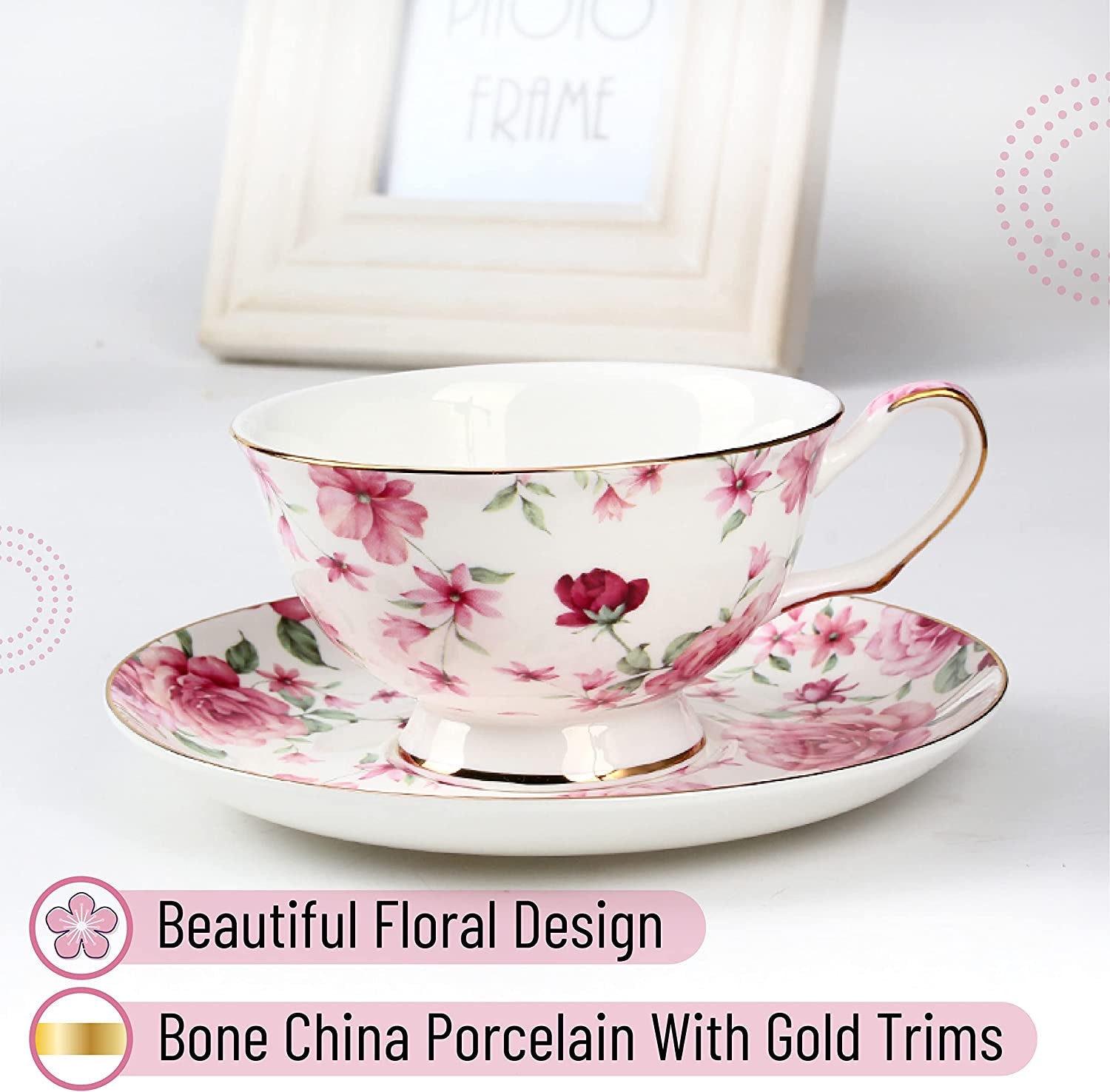 Btat- Tea Cups, Tea Cups and Saucers Set of 6, Tea Set, Floral Tea Cups (8Oz), Tea Cups and Saucers Set, Tea Set, Porcelain Tea Cups, Tea Cups for Tea Party, Rose Teacups, Christmas Gift