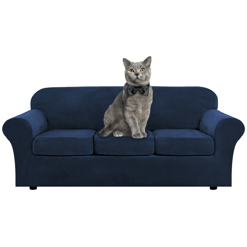 Velvet Plush 4 Piece Stretch Sofa Covers Couch Covers for 3 Cushion Couch 3 Seater Covers (Base Cover plus 3 Individual Cushion Covers) Feature Thick Soft Stay in Place