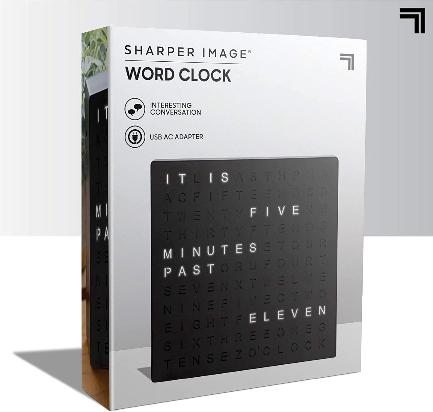 SHARPER IMAGE Light up Electronic Plug-In Word Clock, Black Finish with LED Light Display, USB Cord and Power Adapter, Unique Contemporary Home and Office Décor, Accent Desk Clock