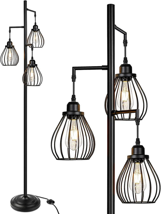Industrial Floor Lamp for Living Room, Tree Floor Lamp with 3 Elegant Teardrop Cage Heads & ST58 Edison LED Bulbs, Sturdy Base Tall Vintage Pole Light Great for Farmhouse Rustic Bedroom Office